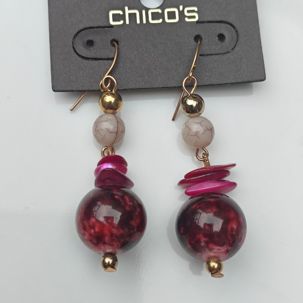 Chicos Burgundy Magenta Beaded Drop Earrings Gold Tone Marbled Shell 2 Inch
